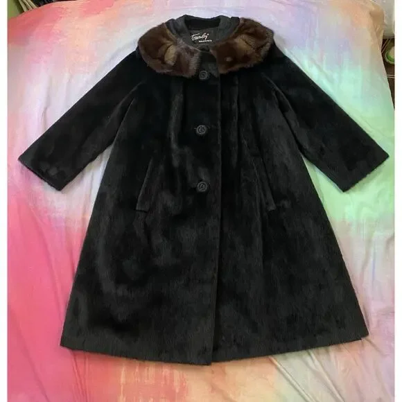 1950s 60s Black Mink Collar Fur Swing Coat Mad Men Mod Trapeze Women’s S M - Picture 2 of 11